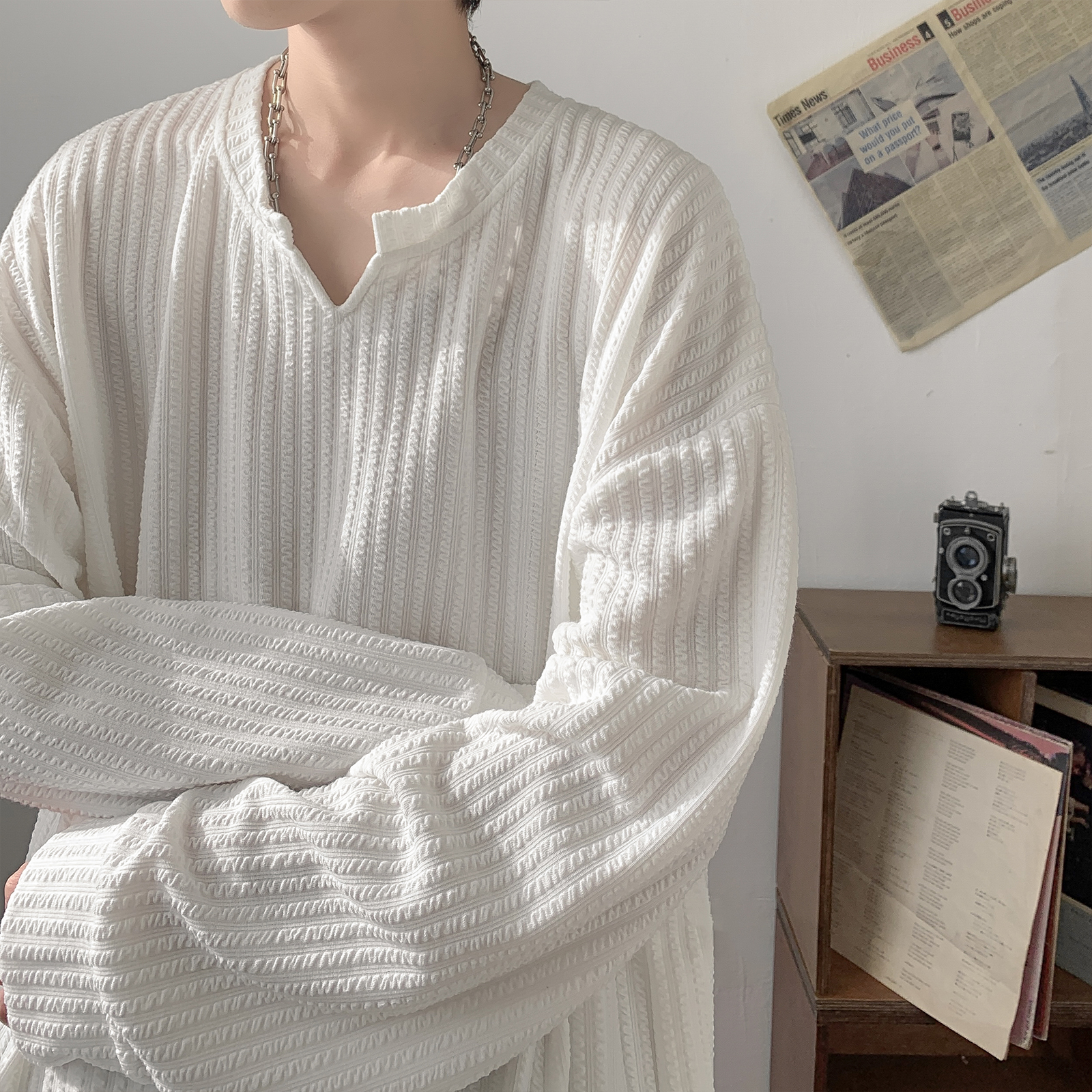 Loose Long Sleeve V-Neck T-Shi - Streetwear High End Brand ulasan dan harga