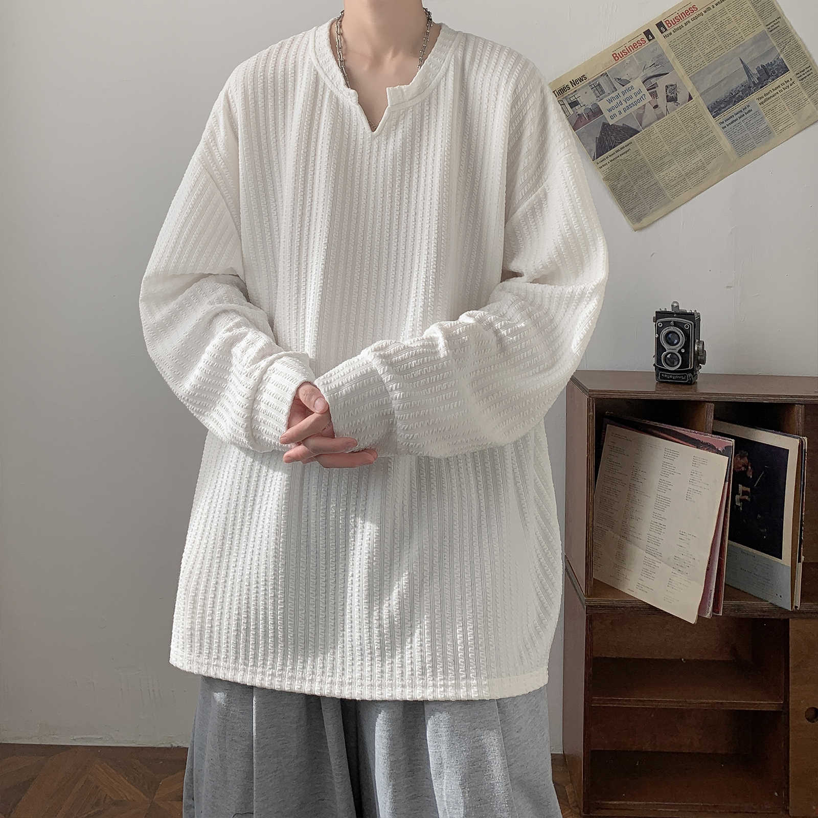 Loose Long Sleeve V-Neck T-Shi - Streetwear High End Brand ulasan dan harga